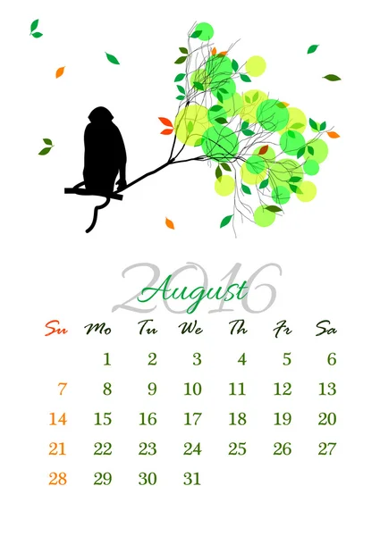 Folha de calendário para 2016 agosto com macaco no galho da árvore — Vetor de Stock