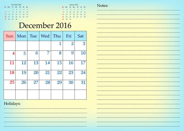 Grade de calendário de negócios para 2016 ano por mês. Dezembro — Vetor de Stock