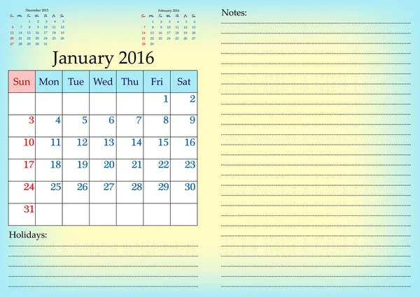 Grade de calendário de negócios para 2016 ano por mês. Janeiro — Vetor de Stock