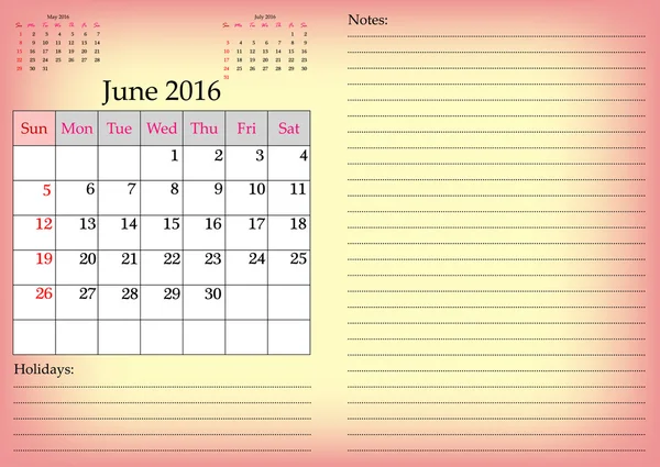 Cuadrícula de calendario empresarial para 2016 año por meses. Junio — Archivo Imágenes Vectoriales