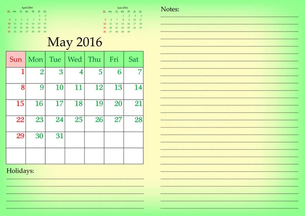 Geschäftskalender Gitter für 2016 Jahr für Monat. Mai — Stockvektor