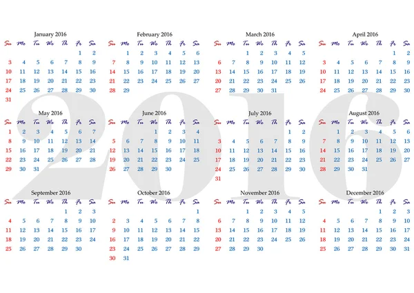 Calendário grade para 2016 ano com dias marcados fim de semana — Vetor de Stock