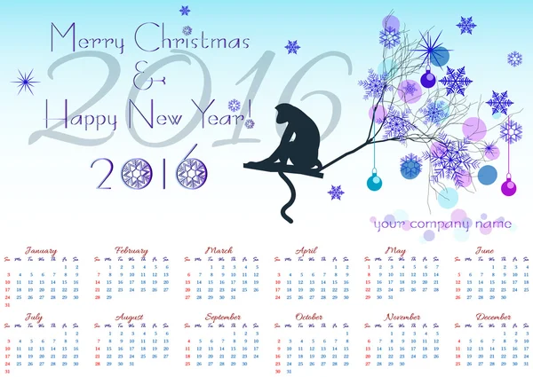 Рождественская открытка с календарем на 2016 год и обезьяна на ветке зимней елки — стоковый вектор