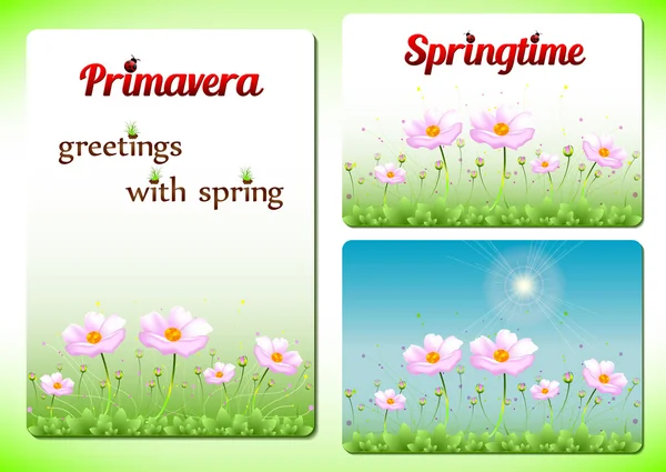 Three spring positive templates with pink flowers on lawn — Stock Vector