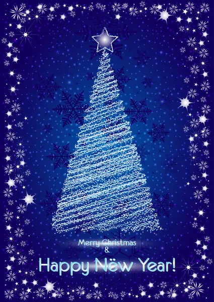 Árbol de navidad estilizado abstracto sobre fondo azul nevado para postales — Vector de stock
