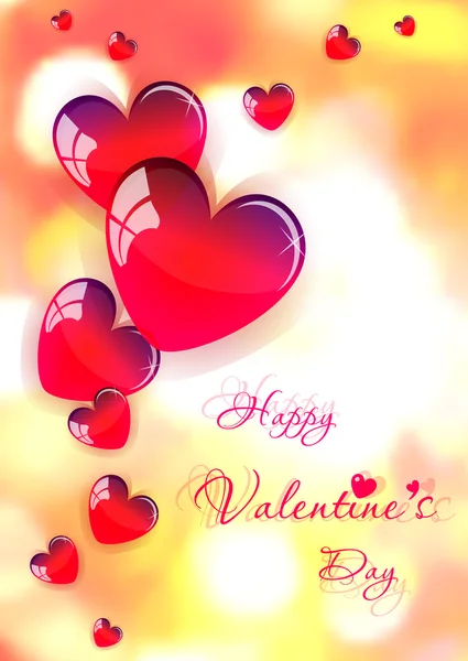 Tarjeta de vacaciones con corazones vidriosos rojos en el día de San Valentín. 14 de febrero — Vector de stock