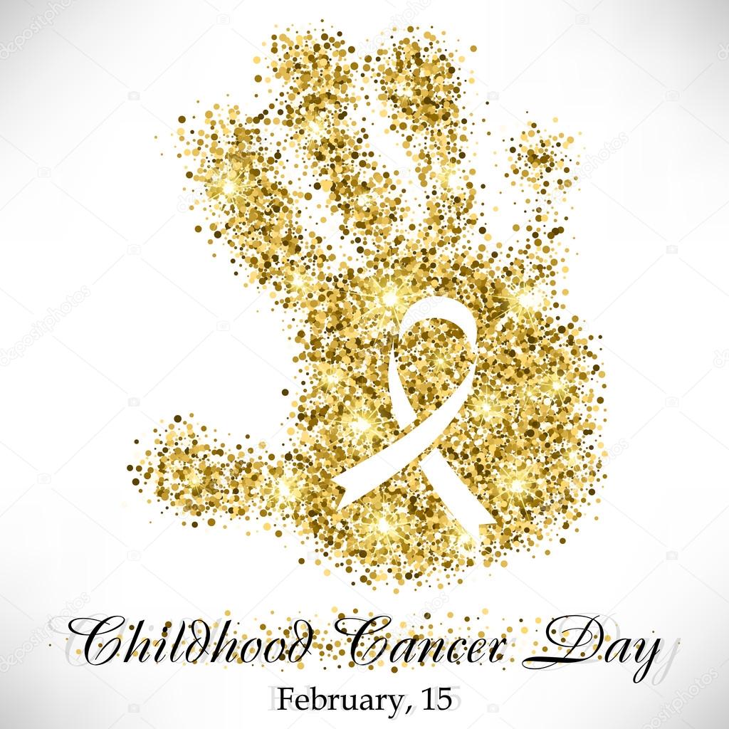 Shape of child's hand from golden glitter with ribbon inside. Childhood Cancer day in February 15 isolated on white background. Vector illustration