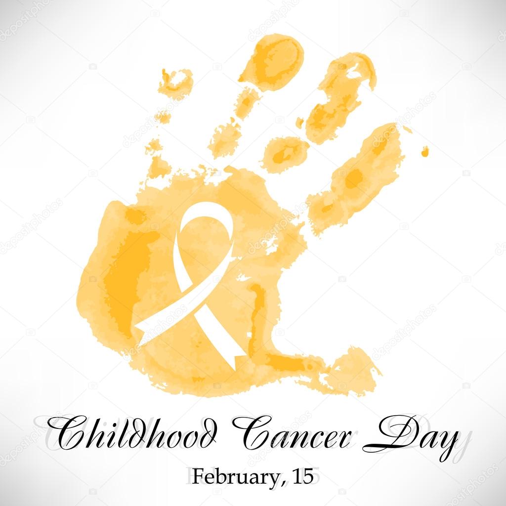 Shape of yellow watercolor child's hand with ribbon inside. Childhood Cancer day in February 15 isolated on white background. Vector illustration