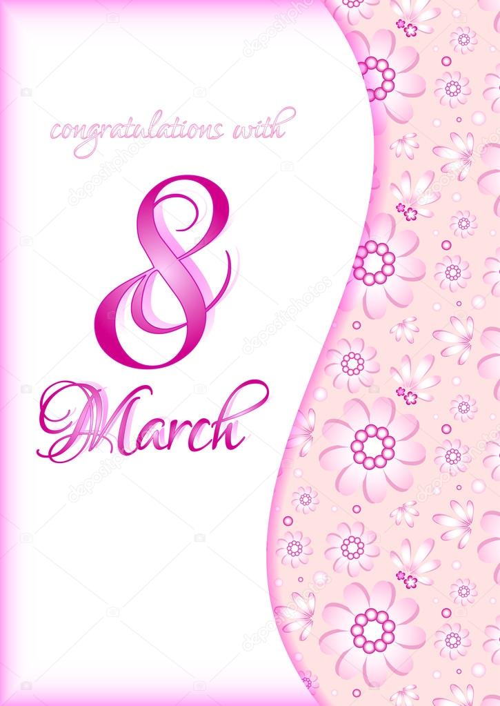 Greeting card on pink floral pattern for International Women's Day. March 8