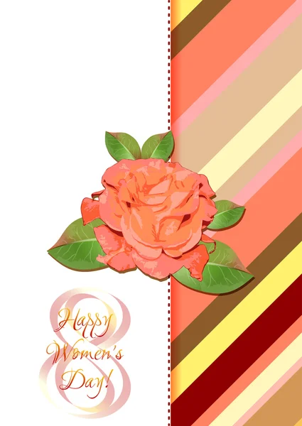 Greeting card with rose on red striped floral pattern for International Women's Day. March 8 — Stock Vector