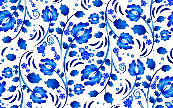 青い花の Gzhel スタイルでシームレス花柄 — ストックベクタ