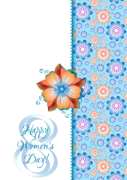 Greeting card on blue floral pattern for International Women's Day. March 8 — Stock Vector