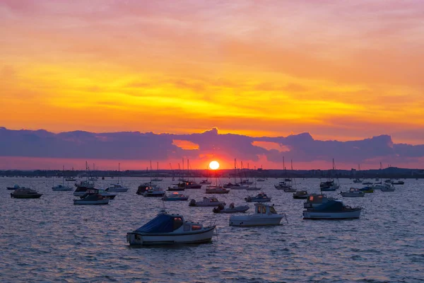 Solnedgång över båtar i Poole Harbour — Stockfoto