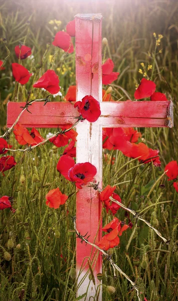 Remembrance Day - wooden cross with poppies and barb wire — Stock Photo, Image