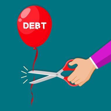 İş adamları borç balonlarını kesmek için makas kullanır. İş fikri vektörü