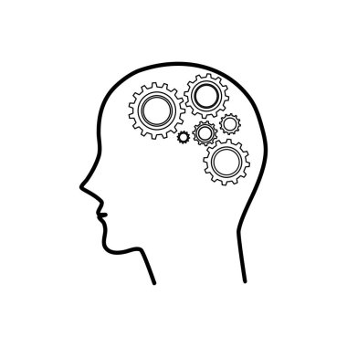 İnsan kafası simgesi ve beyaz arka planda çark simgesi. Başlık ve dişli tekerlek vektörünün silueti