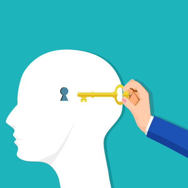 People unlock the keys to the human head. The concept of solving the secrets of the brain vector
