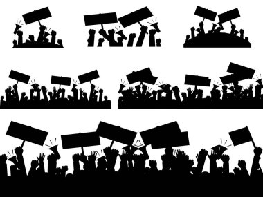 Bir grup Siluet insanı protestocu. İtiraz ediyorum. Devrim. Çatışma. vektör illüstrasyonu