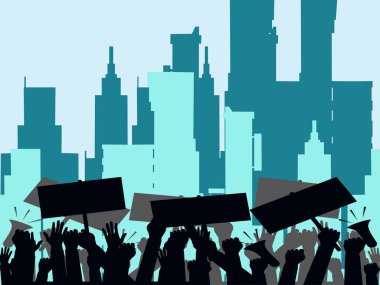Protestocuların elleri protesto işaretleri tutuyor. Kızgın insanlardan oluşan bir kalabalık. Protestocu kalabalığı. Vektör illüstrasyonu