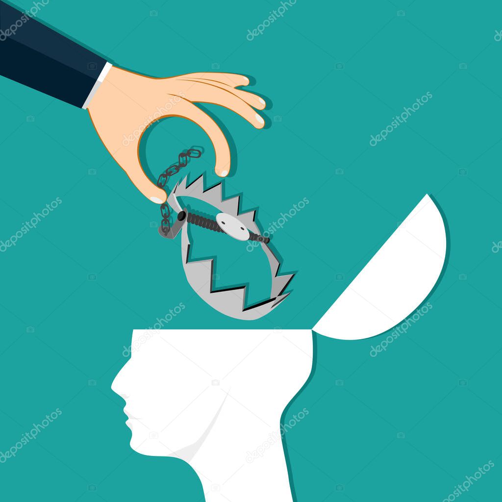 The hand placed a trap in the human head. The concept of deception. Vector illustration eps