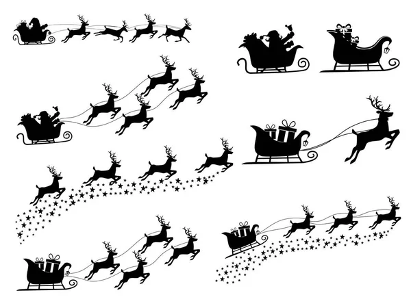 Zestaw Silhouette Santa Claus Saniach Reniferów Izolować Białym Tle Ilustracja — Wektor stockowy