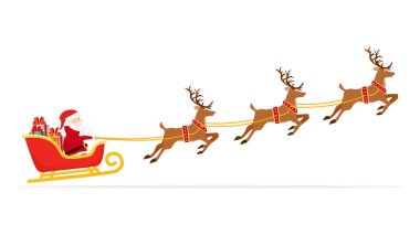 Noel Baba hediyeler ve ren geyikleriyle kızakla uçuyor. Noel ve Yeni Yıl kutlama vektörü