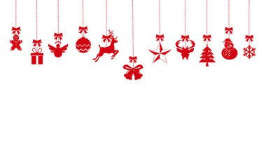 Noel süsleri kırmızı halat asıyor. Arka planda izole. vektörler