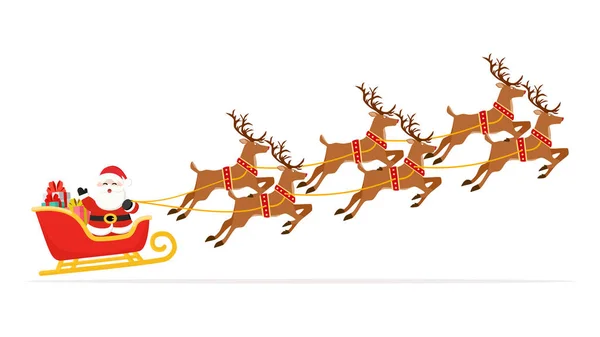 Santa Claus Terbang Dengan Kereta Luncur Dengan Hadiah Dan Rusa - Stok Vektor