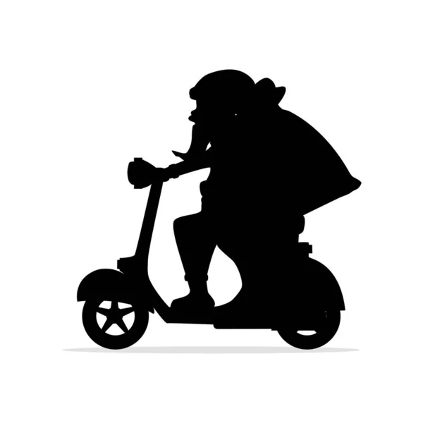 Silhouette Père Noël Claus Avec Sac Cadeau Équitation Scooter Noël — Image vectorielle