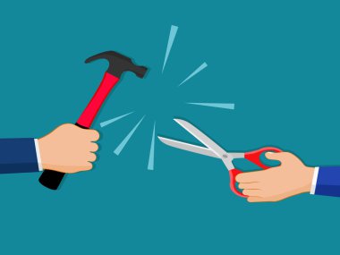 Taş, kağıt, makas, el oyunu. Arka planda izole. vektör illüstrasyonu