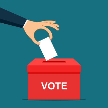 Oy sandığına kağıt koyuyor. Oylama konsepti düz stil. vektör