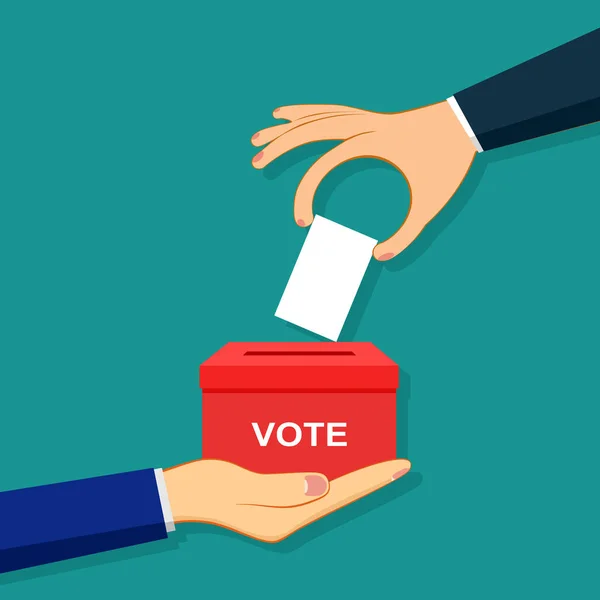 Podnikatelská Ruka Dává Hlasovací Lístky Volební Urny Hlasovací Volební Koncept — Stockový vektor