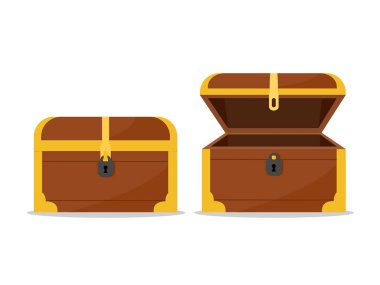 closed and opened brown wooden pirate chests with golden metal stripes and keyhole clipart