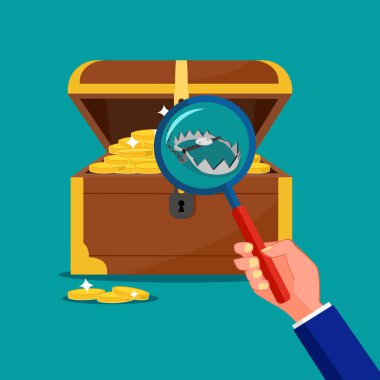 Use a magnifying glass to look at the traps inside the treasure chest. Treasure trap concept. vector clipart