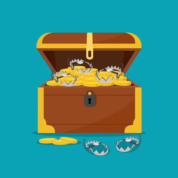 熊陷阱和装有金币的宝箱 金钱陷阱的概念 — 图库矢量图片