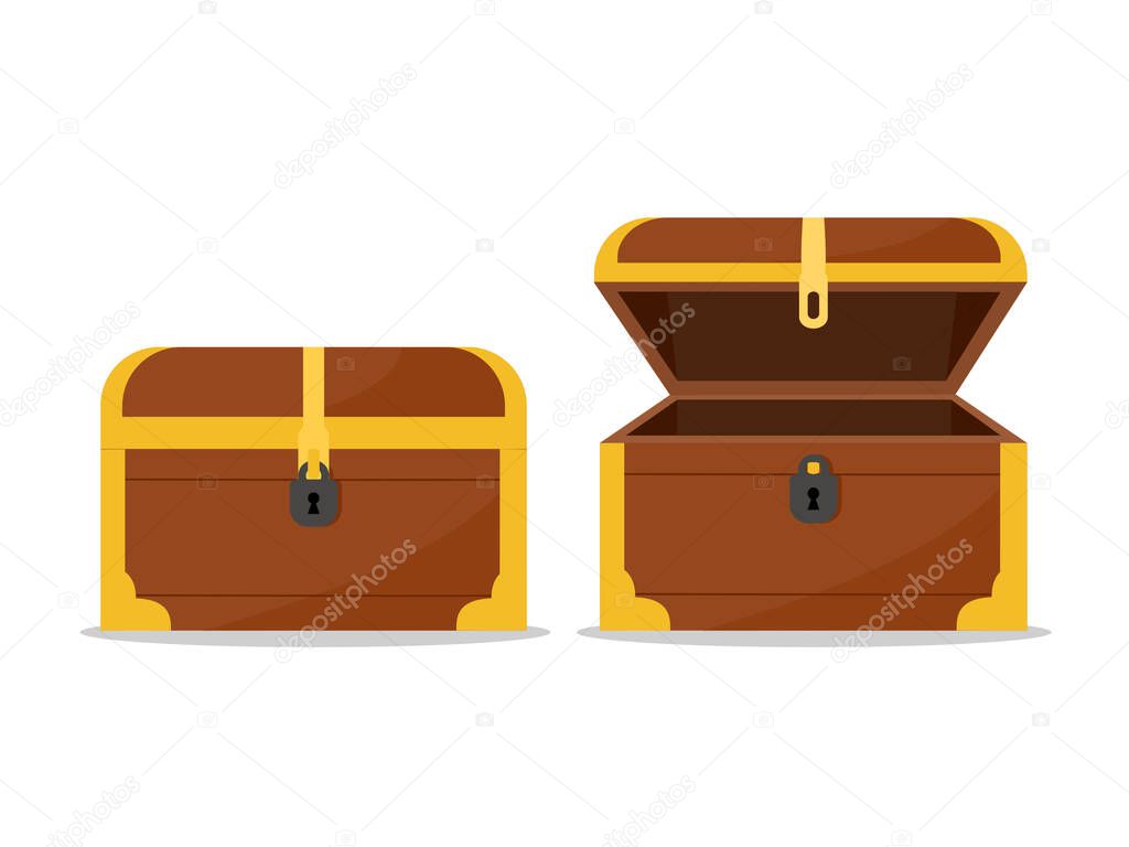closed and opened brown wooden pirate chests with golden metal stripes and keyhole