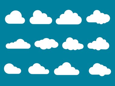 Arka planda izole edilmiş modaya uygun düz biçimli Bulut Simgeleri kümesi. Vektör illüstrasyonu