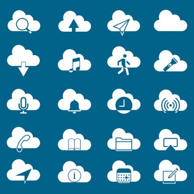 Bulut servisi ve ağ bağlantılı simgeler. Veritabanı ve çevrimiçi depolama vektörü simgesi belirlendi