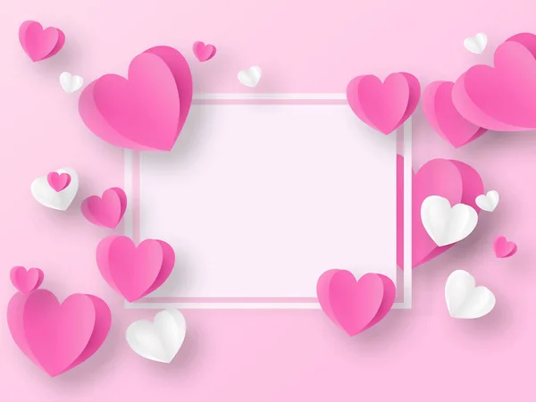 Koncepcja Valentine Różowe Serduszka Papierowe Białą Kwadratową Ramką Ładny Baner — Zdjęcie stockowe