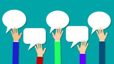 Boş konuşma baloncuklarını tutan eller. Tartışma ve fikir paylaşımı kavramı.