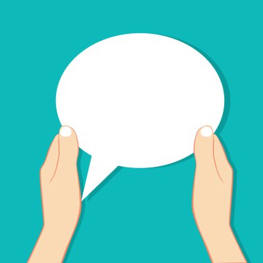 Arka planda boş bir konuşma balonu tutan eller. vektör