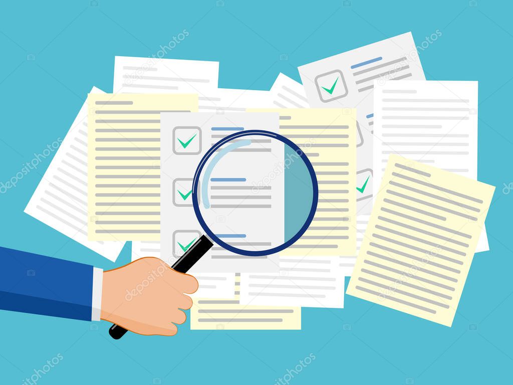 Hand with a magnifying glass to search for important documents vector