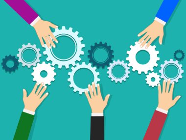 İş adamlarının elleri dişlileri bir bulmacaya bağlar. İş konsepti vektörü