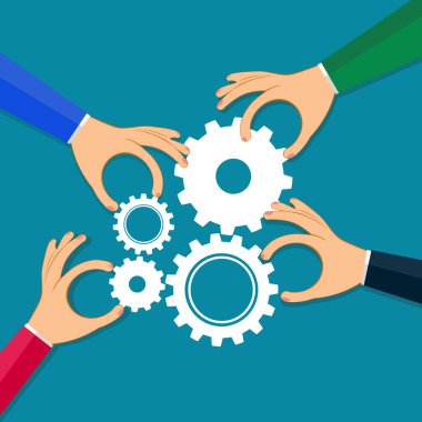 İş adamlarının elleri dişlileri bir bulmacaya bağlar. İş konsepti vektörü