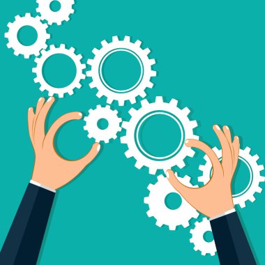 İş adamlarının elleri dişlileri bir bulmacaya bağlar. İş konsepti vektörü