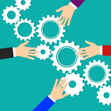 İş adamlarının elleri dişlileri bir bulmacaya bağlar. İş konsepti vektörü