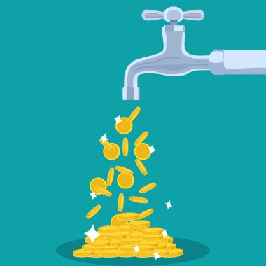 Altın sikkeler metal musluktan düşer. Arka planda izole. Vektör