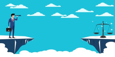 Teleskopla ayakta duran bir iş adamı teraziye bak. İş görme vektörü