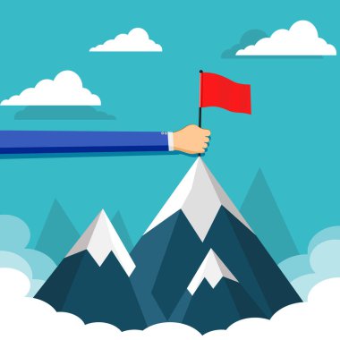 Bir işadamı dağın tepesine kırmızı bayrak asıyor. Başarıya giden yol