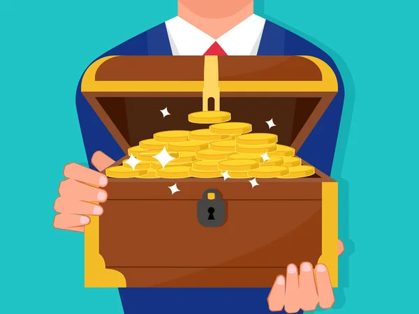 Businessman Gave Treasure Chest Contained Many Gold Coins Isolated Background — Image vectorielle